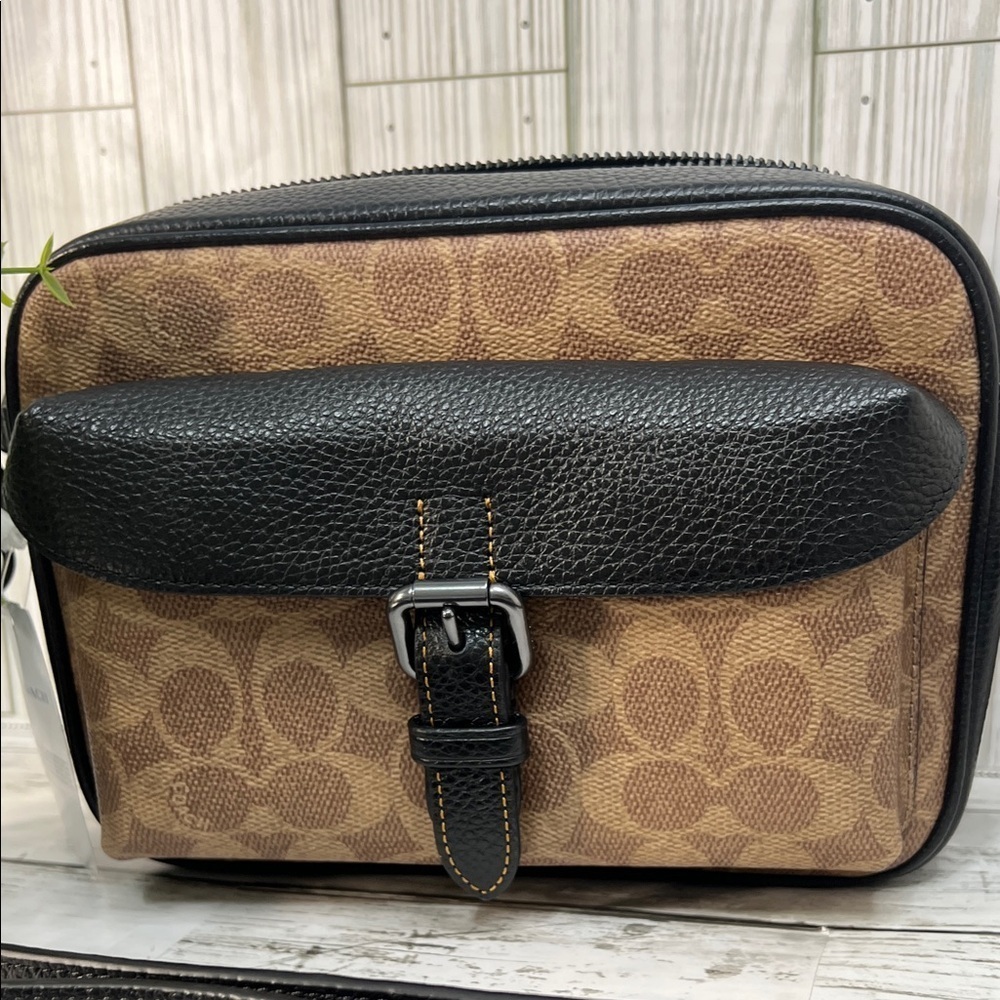 Coach Signature Canvas Brown Black Leather Trim Crossbody Bag - Picture 3 of 14